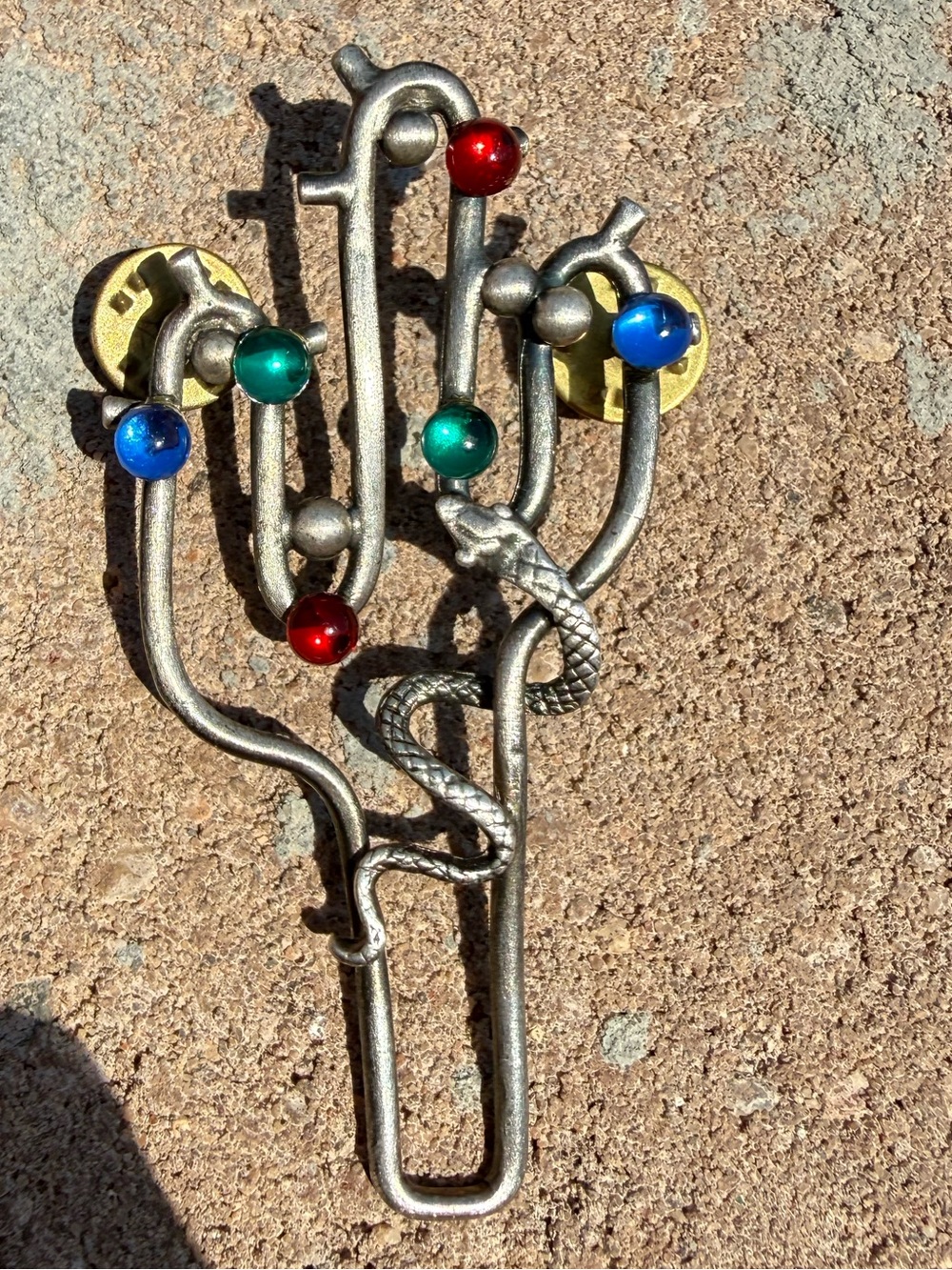 Vintage Brutalist Pewter Snake Brooch with Multicolor Glass Cabochons